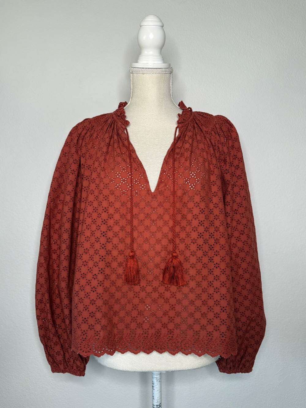 Ulla Johnson Rust Eyelet Peasant Tunic with Tassel Tie